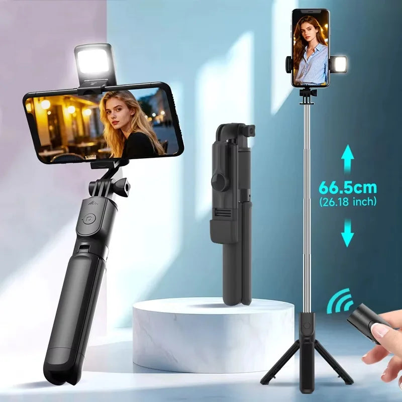 Tripé Selfie Stick com Controle Bluetooth e Luz LED – Ideal para Fotos e Lives